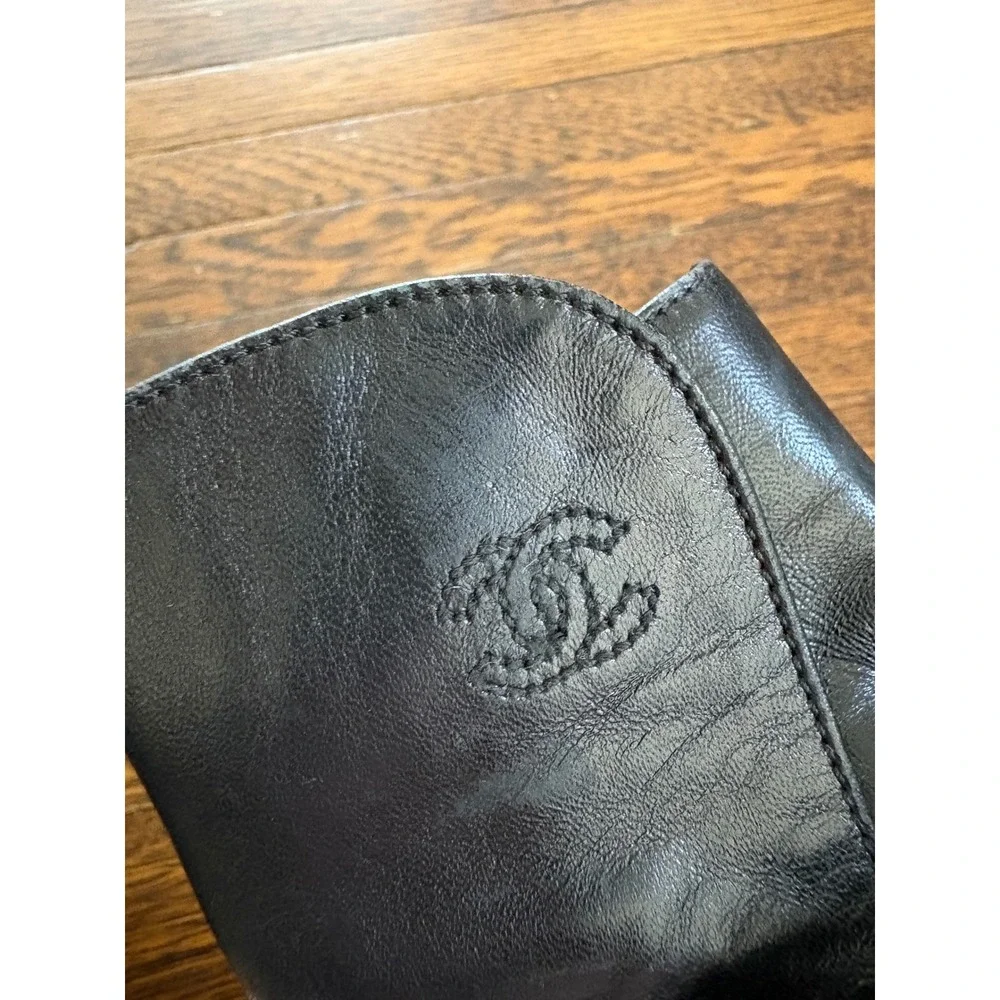 Vintage 90s Chanel Black Leather CC Logo Ankle Boots‎ Buckle Moto 36.5